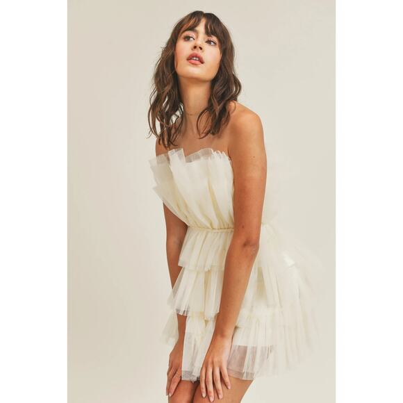 MABLE Tulle Tube Tiered Ruffle Mini Dress, Size S, Cream - Picture 1 of 14